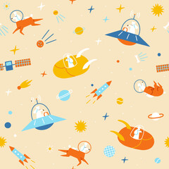 Wall Mural - dogs and cows in space sci fi seamless pattern for kids. vector illustration