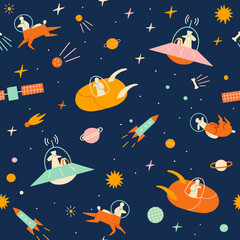 Wall Mural - dogs and cows in space sci fi seamless pattern for kids in vector. stars, spaceships, cosmonauts, as