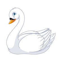 Cute White Swan. Cartoon Vector Illustration