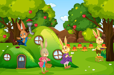 Sticker - Outdoor scene with happy rabbit family in the garden