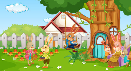 Poster - Garden scene with rabbit family cartoon character