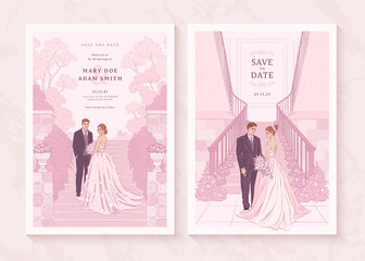 Wall Mural - Set of hand drawn wedding invitation with a bridal couple. Save the date template with bride and groom. Vector illustration