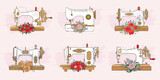 Fototapeta Pokój dzieciecy - Set of hand drawn white sewing machines and flowers isolated on background. Vector illustration