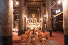 Buddhist Monks Prayer Chanting In The Temple.