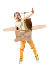 Poster - Little girl playing with cardboard airplane on white background