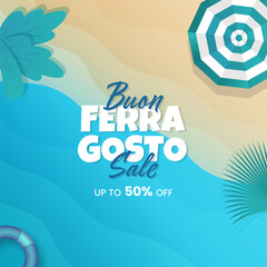 Wall Mural - Buon Ferragosto Sale Poster Design With 50% Discount Offer On Beach View Background.
