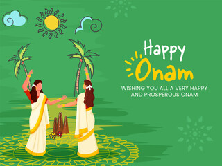 Canvas Print - Happy Onam Festival Celebration Background With South Indian Women Dancing Together.