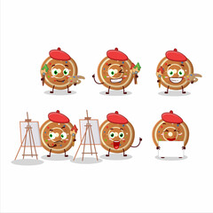 Sticker - Artistic Artist of gingerbread round cartoon character painting with a brush