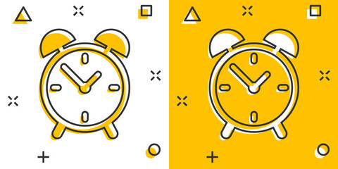 Cartoon alarm clock icon in comic style. Timer sign illustration pictogram. Stopwatch splash business concept.