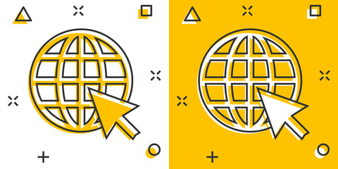 Wall Mural - vector cartoon go to web icon in comic style. globe world sign illustration pictogram. www url busin