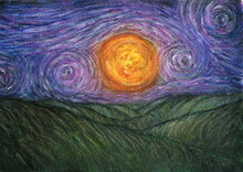  Green Hills And Sun. Painting In Van Gogh Style. Stylized Landscape. Impressionistic Background. Hand Painted Fields And Fantastic Sky With Stars. Creative Design.
