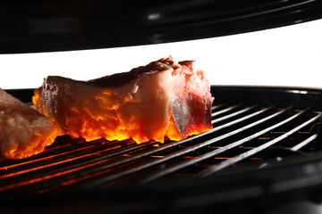 Barbecue grill with tasty meat on white background, closeup