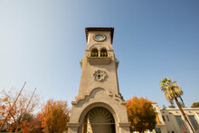 Daytime View Of A Historic Public Clock Tower In Downtown Bakersfield, California, USA.