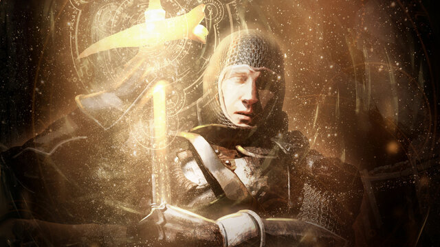 A brave knight chaplain with a war hammer in his hands prays calling holy magic from heaven encouraging his allies, he is wearing plate armor and chain mail, he has a kind face of a righteous man.