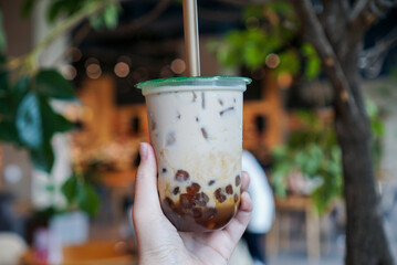 Wall Mural - Iced milk tea with coconut sugar. Hand holding a plastic cup of milk tea mixed with coconut sugar syrup, served with tapicoca pearls.