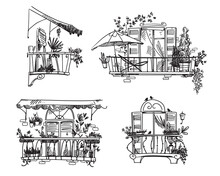 Balcony Garden. Set Of Line Drawings Of Cute Little Gardens Of Potted Plants Grown On Balconies