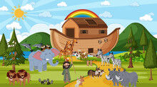 Noah's Ark With Wild Animals In Nature Scene