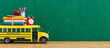 School bus arriving with school accessories and books. Ready for school concept background 3D Rendering, 3D Illustration