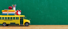 School Bus Arriving With School Accessories And Books. Ready For School Concept Background 3D Rendering, 3D Illustration