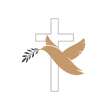 Funeral Icon. Cross And Dove With Sprig. Mourning Wishes, Condolence. Vector Illustration Isolated On White Background, EPS 10