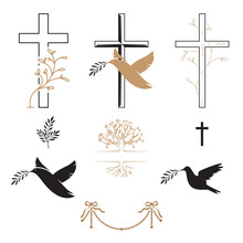Funeral Icons. Cross, Dove, Flower, Bird. Mourning Wishes, Condolence. Vector Illustration Isolated On White Background, EPS 10