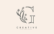 Black Outline G Letter Logo Design With Black Flowers Vector Illustration.