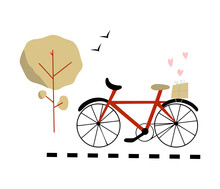 Cute Red Doodle Bicycle With Gift Box In Behind With Loving Hearts. Autumn Tree And Flying Birds Simple Landscape, Flat Vector Illustration Isolated On White Background