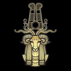 Wall Mural - Animation portrait Ancient Egyptian god Khnum. Deity of Nile source, god with ram. Gold Imitation. Vector illustration isolated on a black background. Print, poster, t-shirt