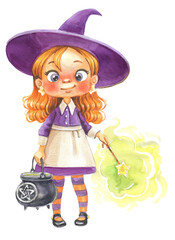 Cute cartoon little witch girl with magic wand and cauldron of potion isolated on a white background