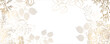 Luxurious golden wallpaper. Banner with flowers. Watercolor spots and stains on a white background. Shiny flowers and twigs. Vector file.