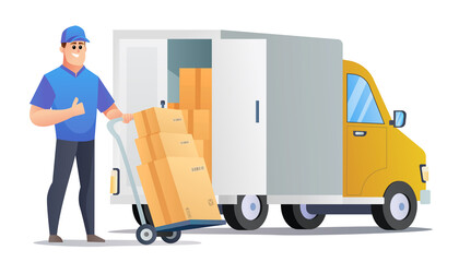 Wall Mural - Courier bring packages with trolley. courier standing beside delivery truck concept character