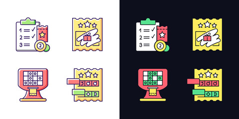 Sticker - Lottery conduction light and dark theme RGB color icons set. Session program. Electronic gambling machine. Isolated vector illustrations on white and black space. Simple filled line drawings pack