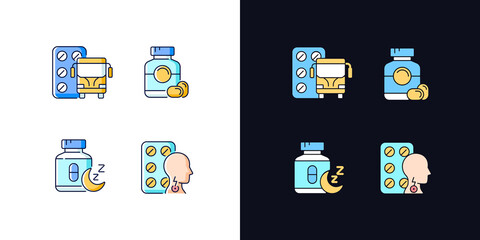 Sticker - Maintaining life quality light and dark theme RGB color icons set. Motion sickness treatment. Gelatin capsules. Isolated vector illustrations on white and black space. Simple filled line drawings pack