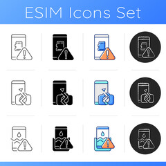 Wall Mural - Mobile phone technical issues icons set. Broken and failed smartphone problems. Damaged devices and accessories. Broken camera. Linear, black and RGB color styles. Isolated vector illustrations