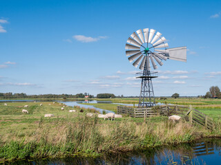 Wall Mural - Windwatermill draining wetland polder, water level control in national park Alde Feanen, Friesland, Netherlands