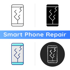 Poster - Screen damage icon. Cracks all over mobile phone display. Shattered and broken front display. Damaged screen with fractures. Linear black and RGB color styles. Isolated vector illustrations