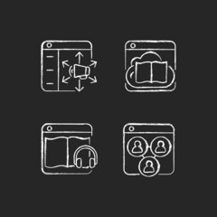 Launching online services chalk white icons set on dark background. Content distribution platform. Digital database with books. Audiobooks collection. Isolated vector chalkboard illustrations on black