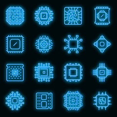Poster - processor icons set. outline set of processor vector icons neon color on black