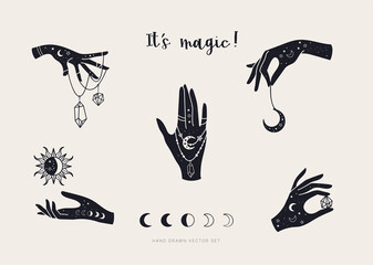 set of magic hands with crystals and celestial symbols, trendy doodle art