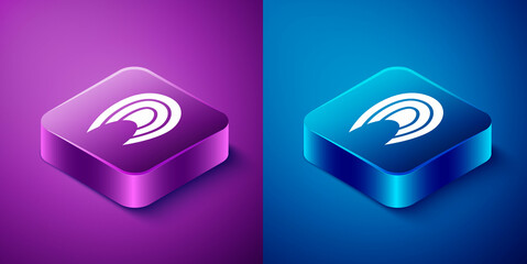 Sticker - Isometric Fish steak icon isolated on blue and purple background. Square button. Vector