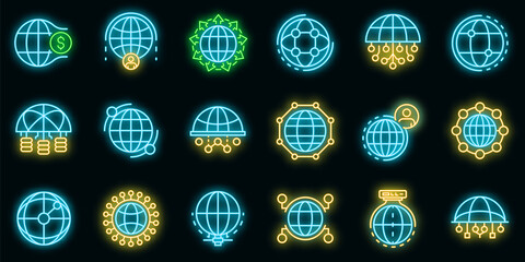 Poster - Global network icons set. Outline set of global network vector icons neon color on black