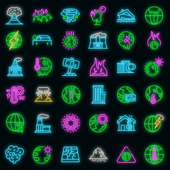 Poster - Global warming icons set. Outline set of global warming vector icons neon color on black