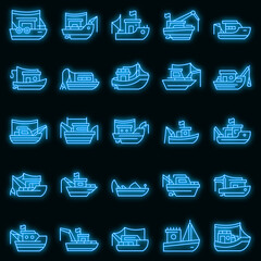 Wall Mural - Fishing boat icons set. Outline set of fishing boat vector icons neon color on black