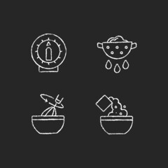 Poster - Food preparation chalk white icons set on dark background. Kitchen timer. Drain excess water or oil. Stir with whisk. Cook instruction. Recipe step. Isolated vector chalkboard illustrations on black