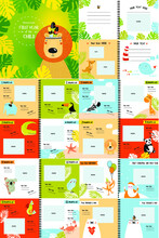Vector Photo Book With Cartoon Animals For The Children, "the First Year Of The Child". Frames, Stickers, Poster, Postcard, Cover. Kangaroo, Bear,panda, Whale, Summer, Tropics. Cartoon Characters
