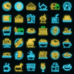 Canvas Print - Lunch icons set. Outline set of lunch vector icons neon color on black
