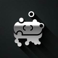 Poster - Silver Bar of soap with foam icon isolated on black background. Soap bar with bubbles. Long shadow style. Vector