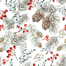 Christmas Seamless Pattern, Red Berries, Fir Twigs, Cedar Cones, White Background. Vector Illustration. Nature Design. Season Greeting. Winter Xmas Holidays