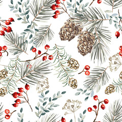 Wall Mural - christmas seamless pattern, red berries, fir twigs, cedar cones, white background. vector illustrati