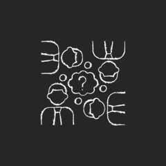 Wall Mural - Collective thinking chalk white icon on dark background. People and question mark. Effective business conversation. Sharing ideas in group. Isolated vector chalkboard illustration on black